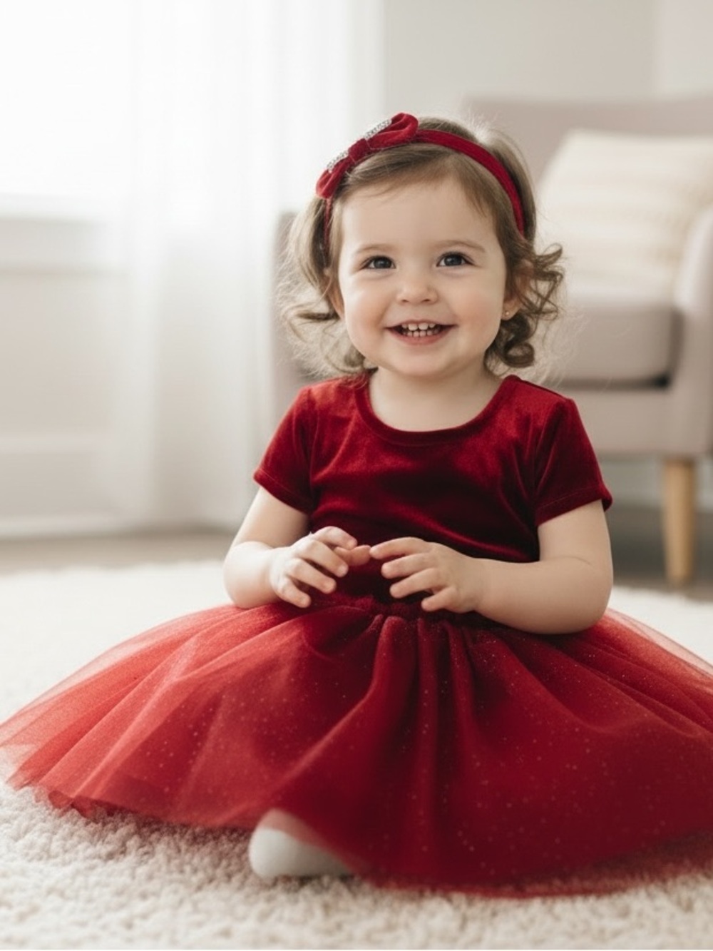 George Red Velvet & Tulle Holiday Dress with Headband